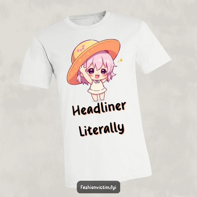 Funny t-shirt featuring a character putting on a huge sequined hat, a humorous celebration of playful and oversized headwear.
