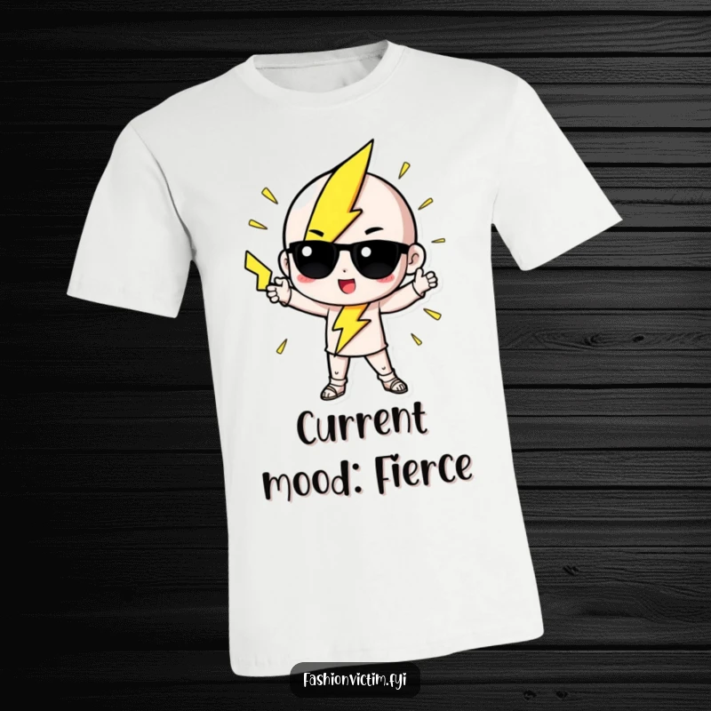 Funny T-Shirt of a cute lightning bolt character striking a dramatic, high-fashion pose, radiating energy.