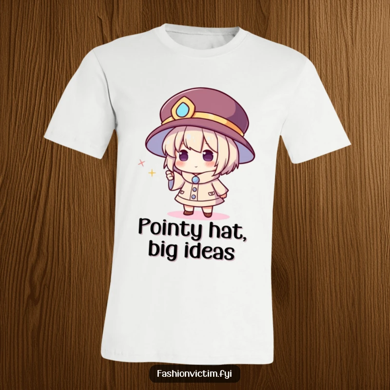 Funny t-shirt with a character in a massive hat pointing excitedly at a small, sparkling accessory, embodying dramatic flair and accessory obsession.