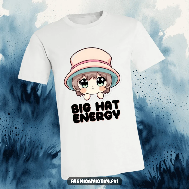 Funny t-shirt with a character's wide eyes peeking from behind a very large, stylish hat, promoting curiosity.