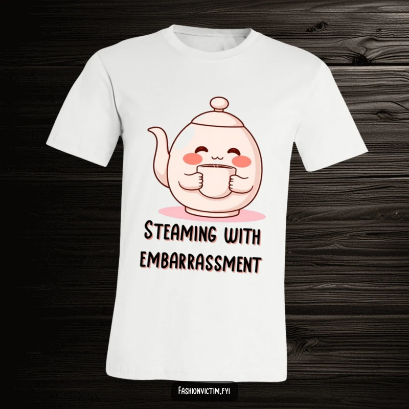 Funny t-shirt featuring a shy teapot character blushing deeply red while nervously clutching a steamy cup, emitting a shy vibe.