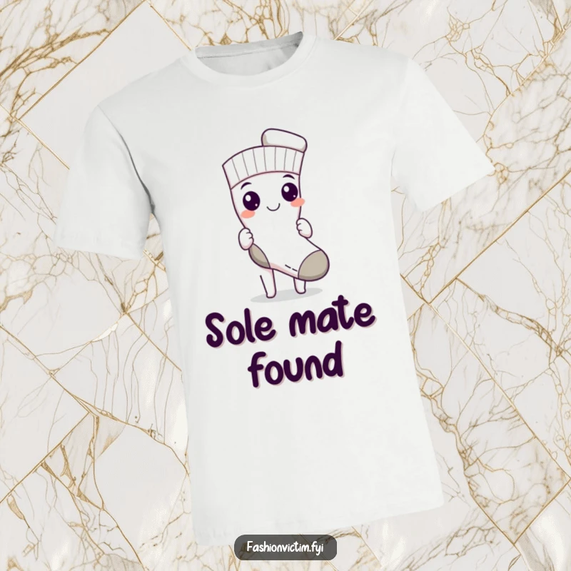 Funny t-shirt illustration of a character beaming with pride, triumphantly displaying a lone, perfectly matched sock.