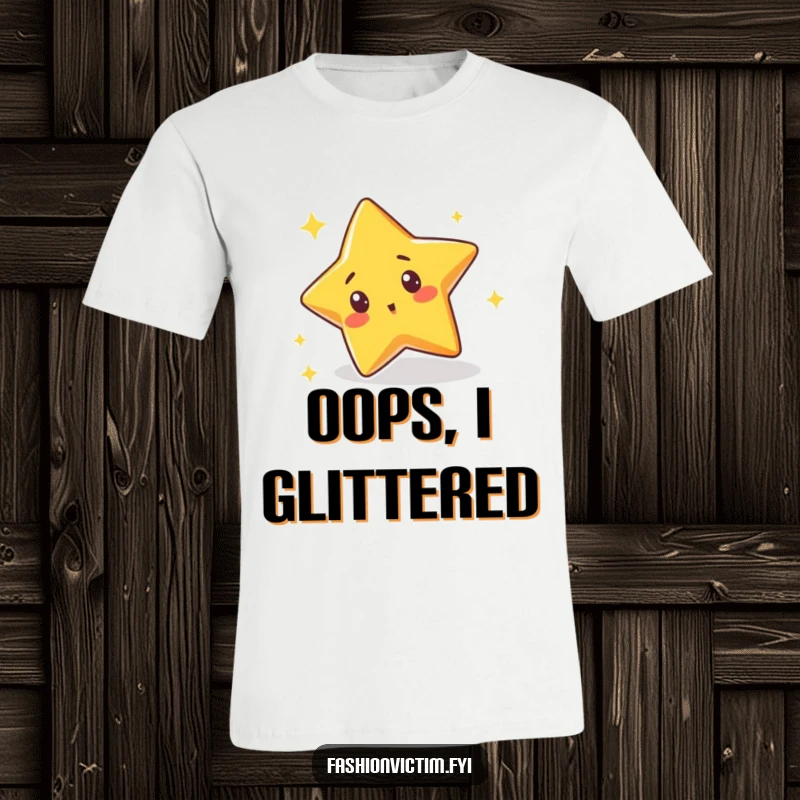 Funny t-shirt showcasing a cute star character tripping over its own sparkle with a surprised expression, highlighting a moment of hilarious mishap.