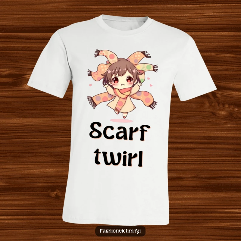 Funny t-shirt graphic of a happy character spinning with a large bouquet of wildly patterned scarves, celebrating vibrant style and joyful movement.