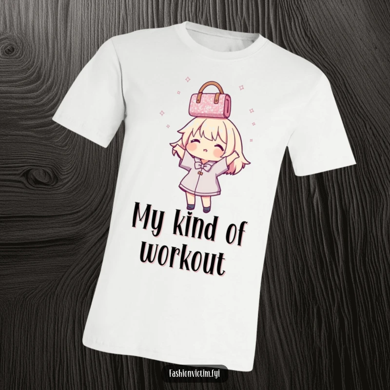 Funny T-Shirt featuring a dynamic character joyfully twirling a shimmering handbag above their head, radiating playful energy.