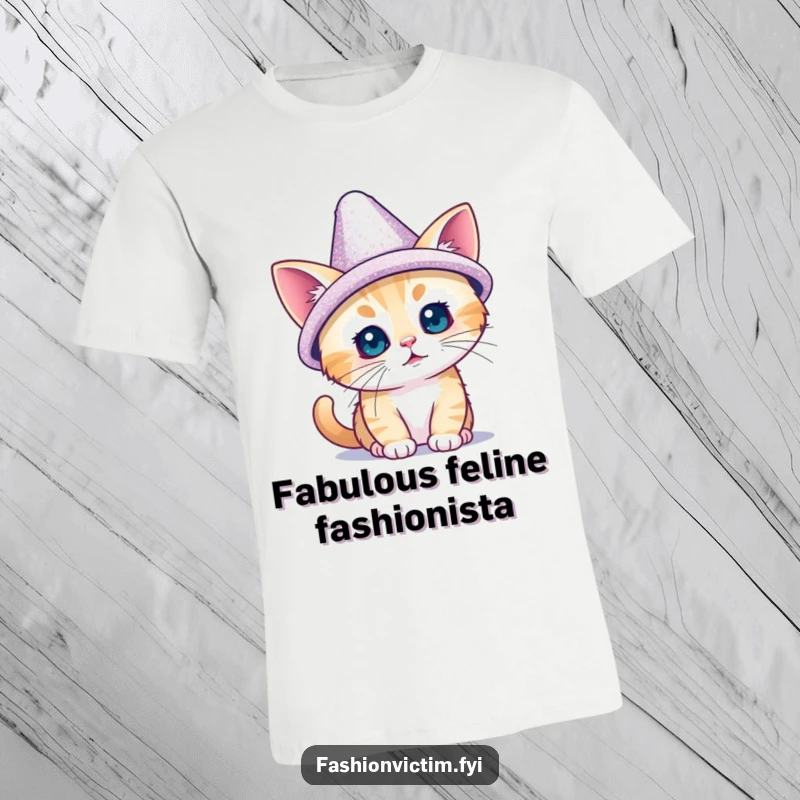 Funny t-shirt with a tiny cat attempting to wear a large, dazzling, sparkly hat; cute and humorous cat fashion statement.