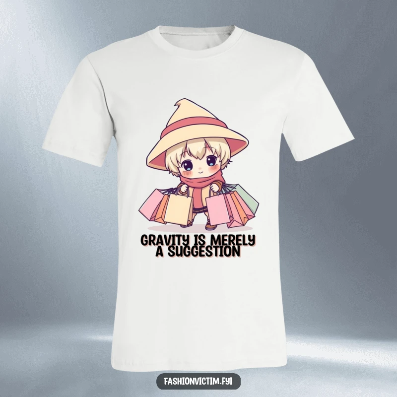 Funny t-shirt with a child character in an oversized hat tripping dramatically while clutching many shopping bags, a humorous take on retail therapy.