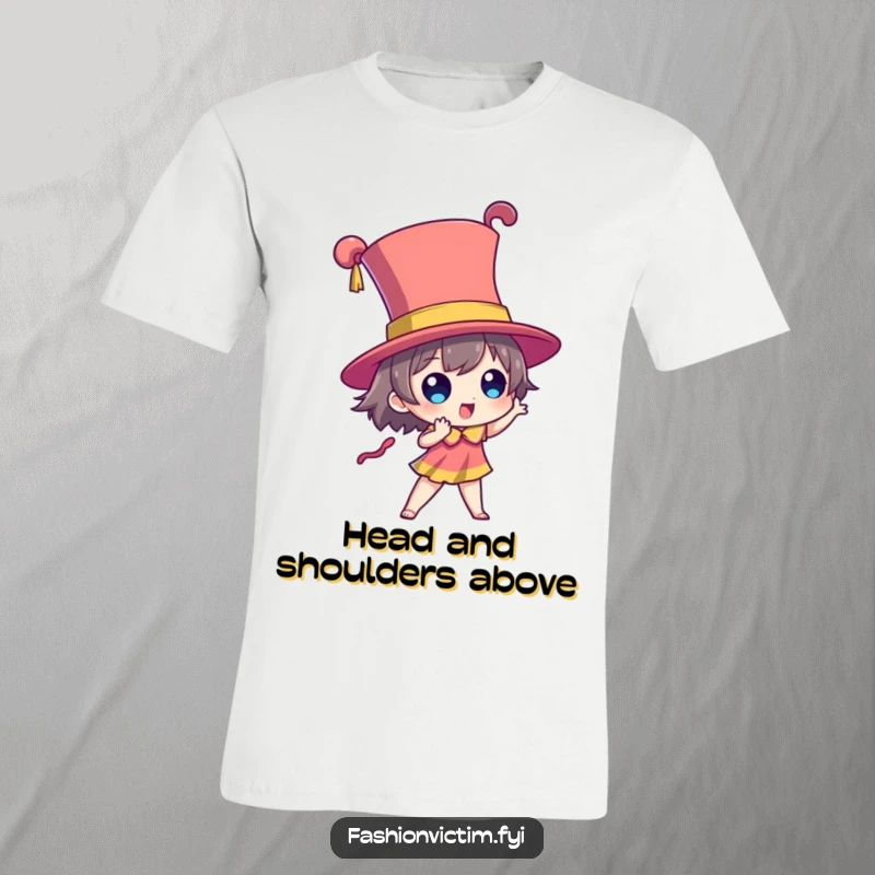 Funny t-shirt showcasing a character posing dramatically in a ridiculously tall and vibrantly colored hat, representing bold fashion.