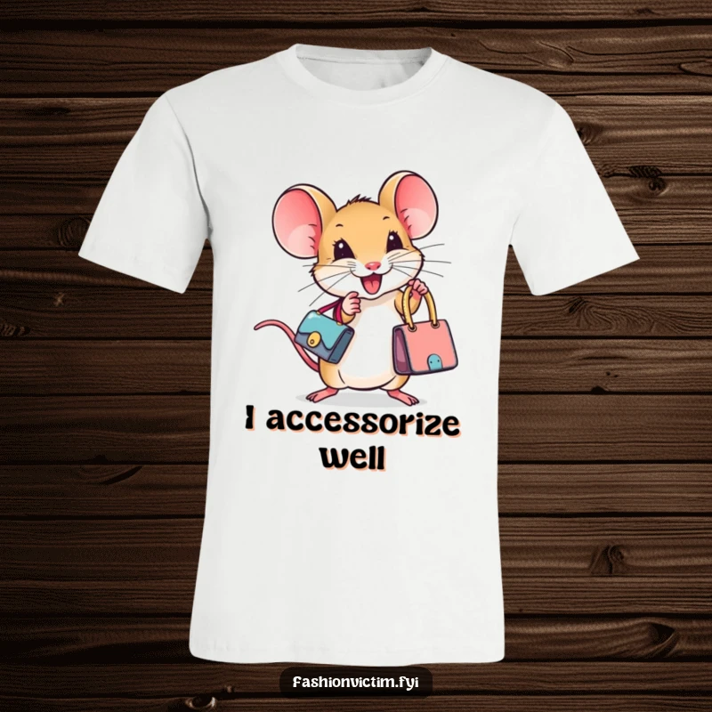 Funny t-shirt featuring a tiny mouse proudly displaying a miniature designer handbag, exuding confidence and high-fashion whimsy.