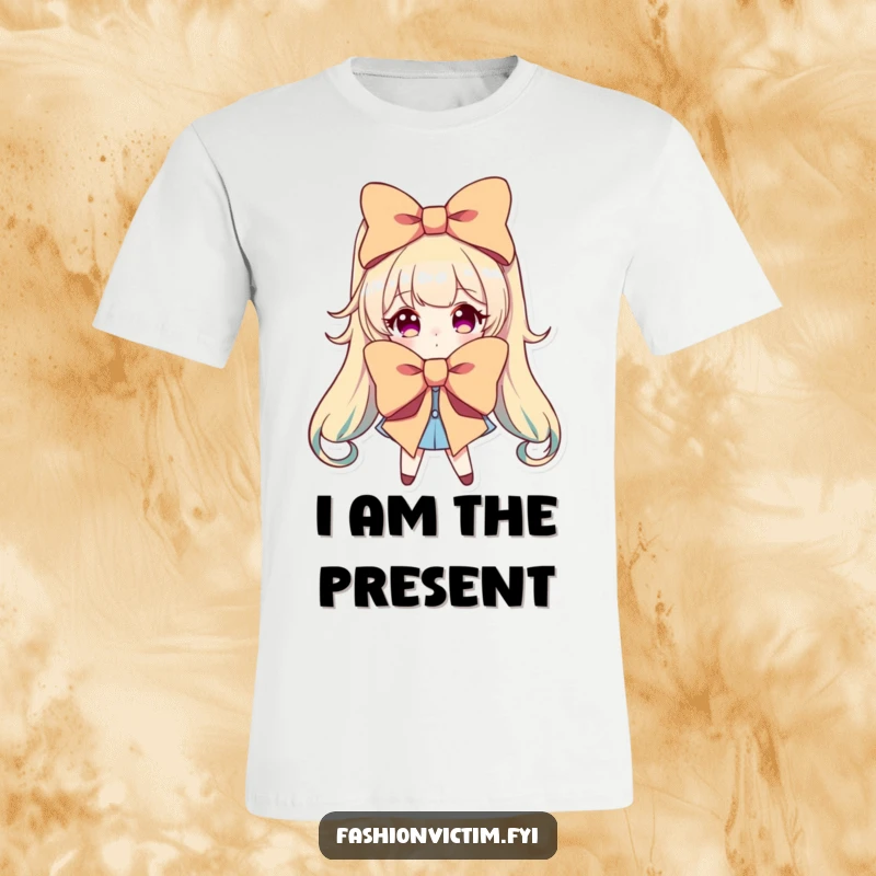 Funny t-shirt design of a character dramatically posing with a comically oversized and brightly colored bow.