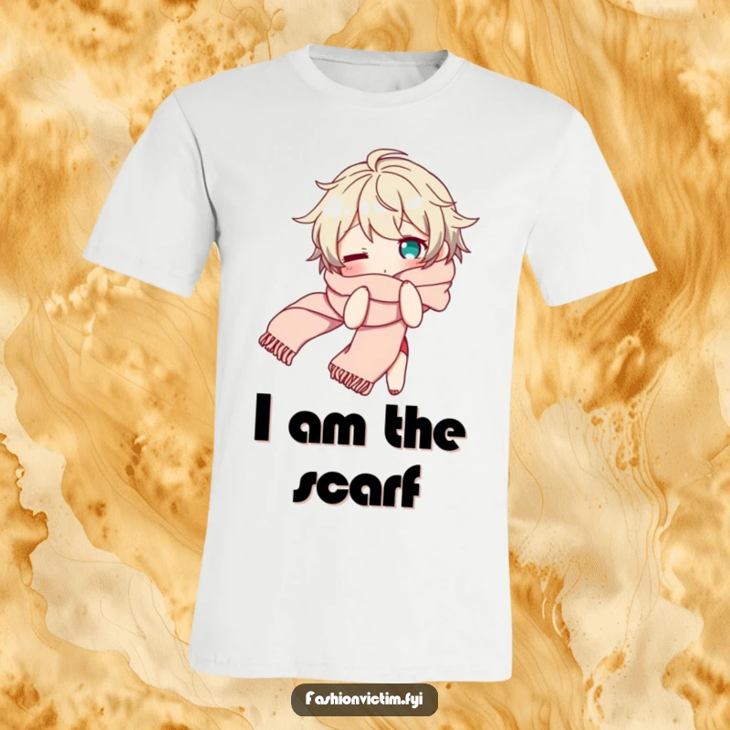 Funny t-shirt featuring a character looking bewildered while tangled in a long, flowing scarf, a humorous representation of fashion mishaps.