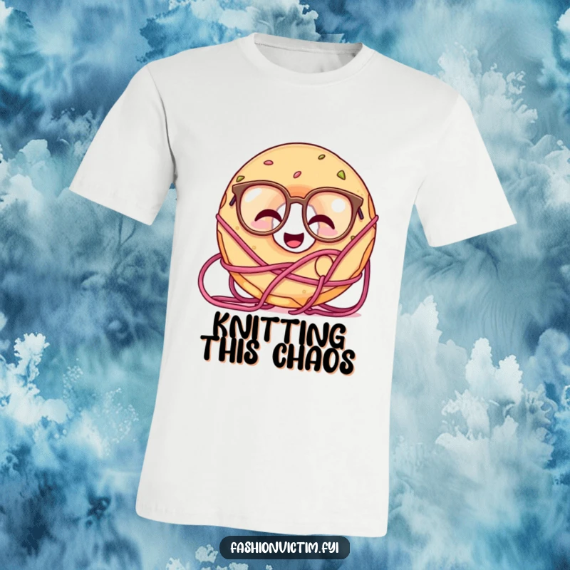 Funny t-shirt graphic of a giggling doughnut wearing oversized glasses and hilariously tangled in a mess of yarn.