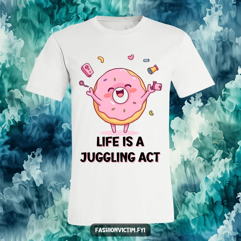 Funny t-shirt with a pink donut character joyfully juggling tiny, colorful accessories, showcasing a fun and energetic personality.