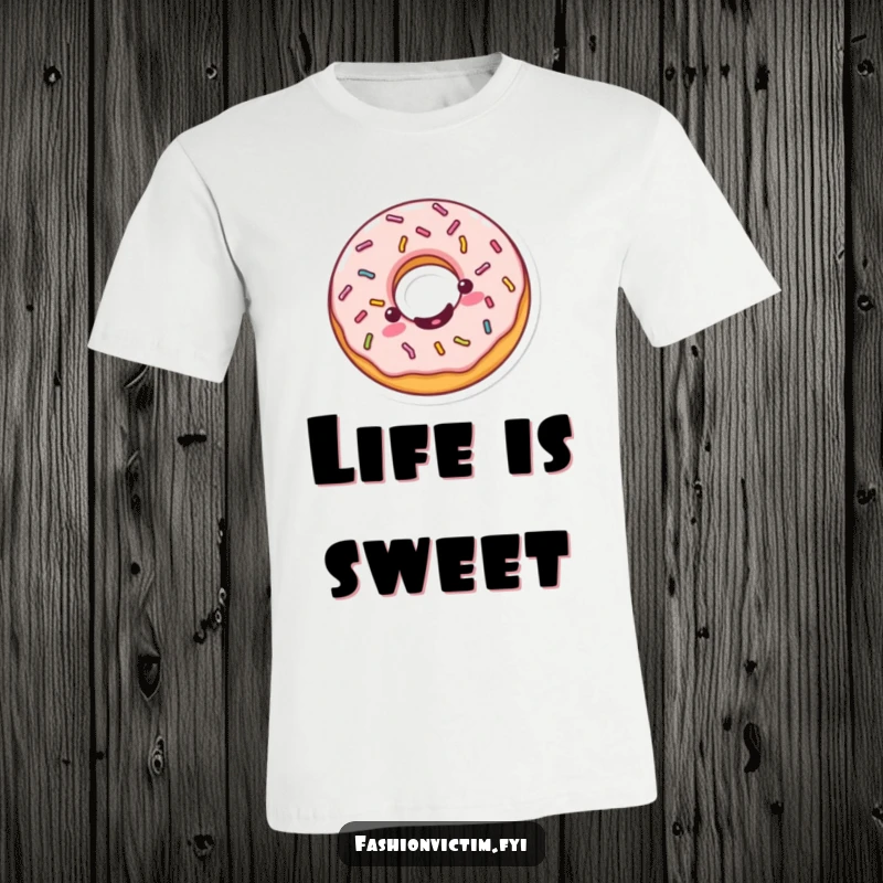 Funny Kawaii donut t-shirt, cheerfully spinning with sprinkles, a playful and humorous design for dessert lovers.