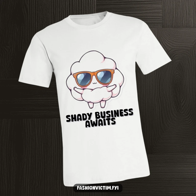 Funny t-shirt with a tiny cloud wearing oversized sunglasses, striking a confident pose, radiating cool and carefree energy.