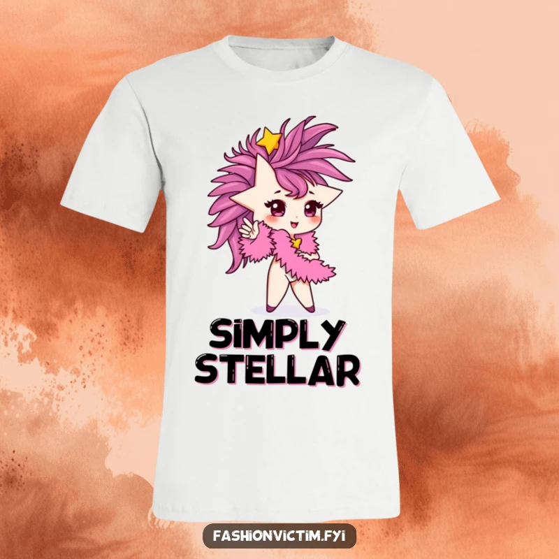 Funny T-Shirt of a tiny star character striking a bold, glamorous pose with a large feather boa.