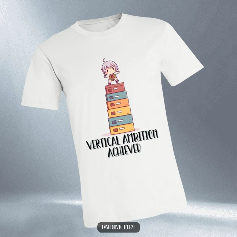 Funny T-Shirt: A small, determined character precariously balancing on a huge pile of vibrant shoe boxes, a funny display of sneaker love.