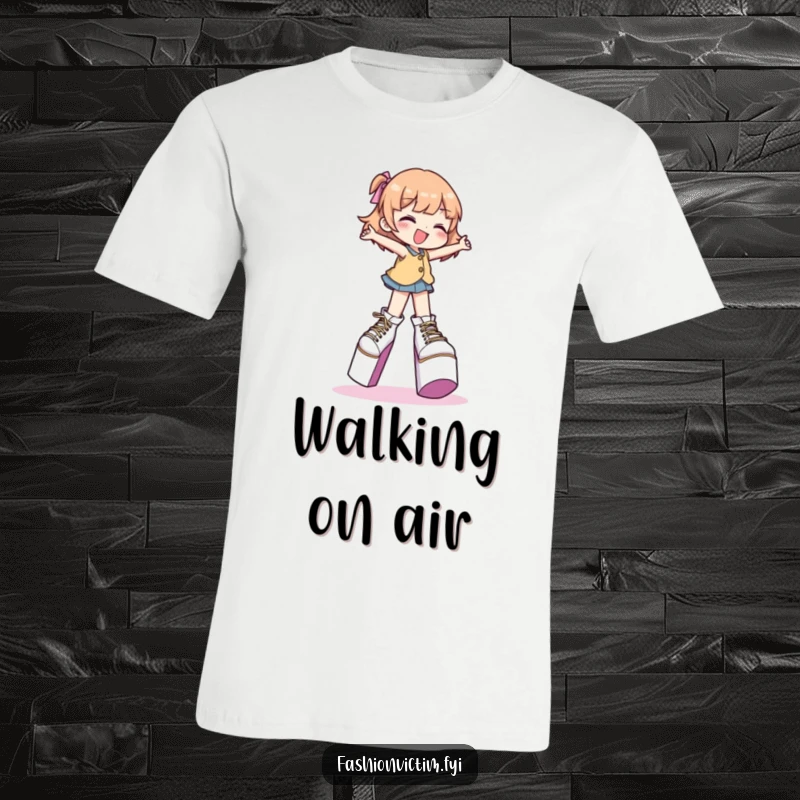 Funny t-shirt showing a character gleefully attempting to walk in extremely high platform shoes, a fashion statement.