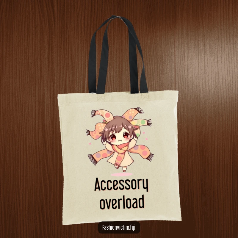 Funny tote bag illustration of a character happily spinning with a vibrant bouquet of wildly patterned scarves, perfect for carrying everyday items.