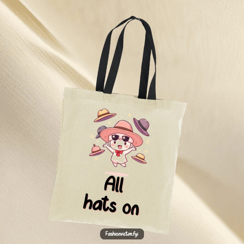 Funny tote bag with a happy cloudburst character juggling oversized fashionable hats, a stylish and humorous accessory for daily use.