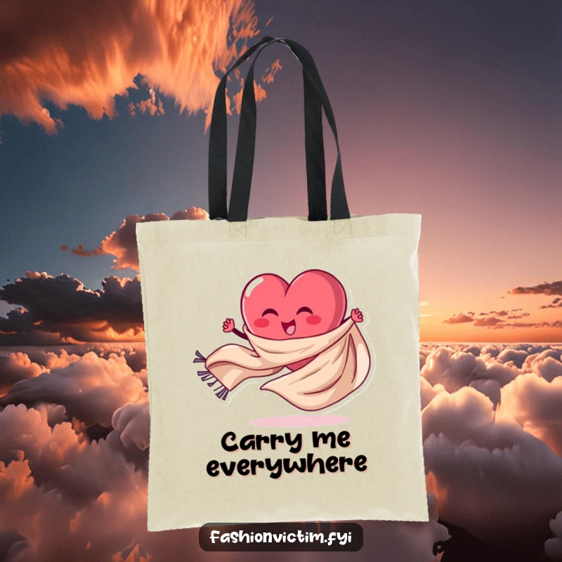 Funny Tote Bag with a stylized heart character mid-spin, holding a long, flowing fabric scarf. Practical and fun.