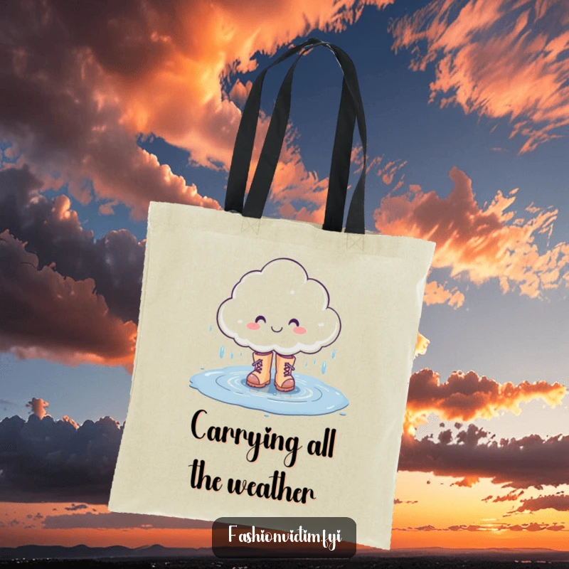 Funny tote bag featuring a smiling rain cloud character splashing in a puddle with stylish boots, symbolizing rainy day joy.
