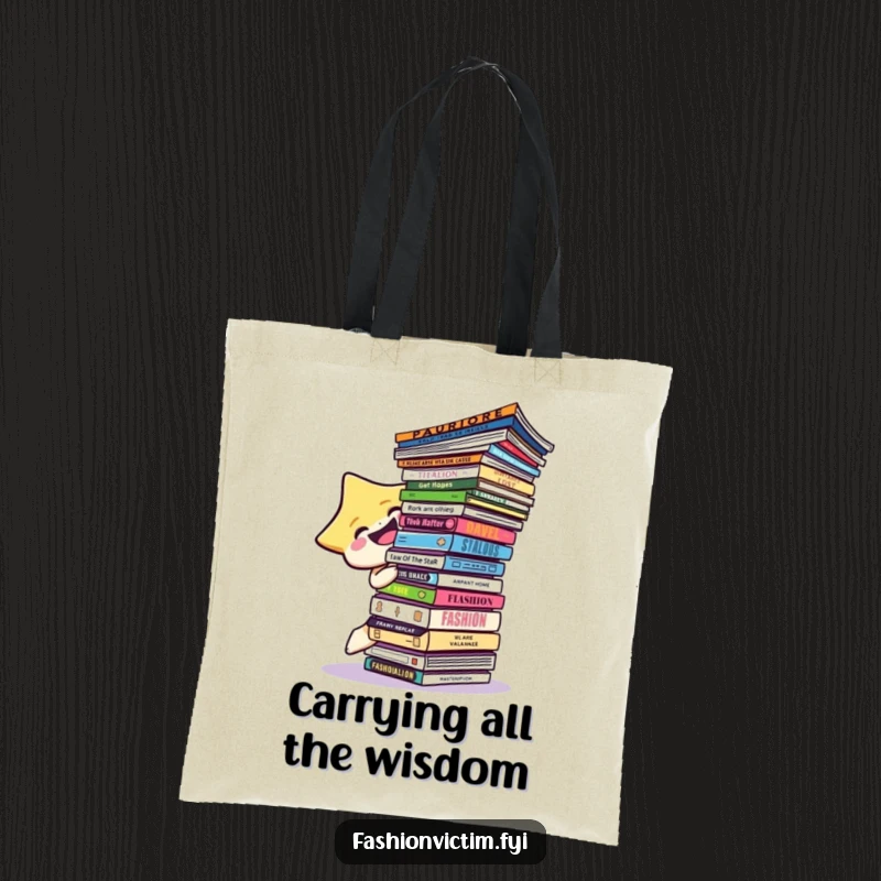 Funny star character gleefully balancing a massive collection of fashion magazines on a durable tote bag.