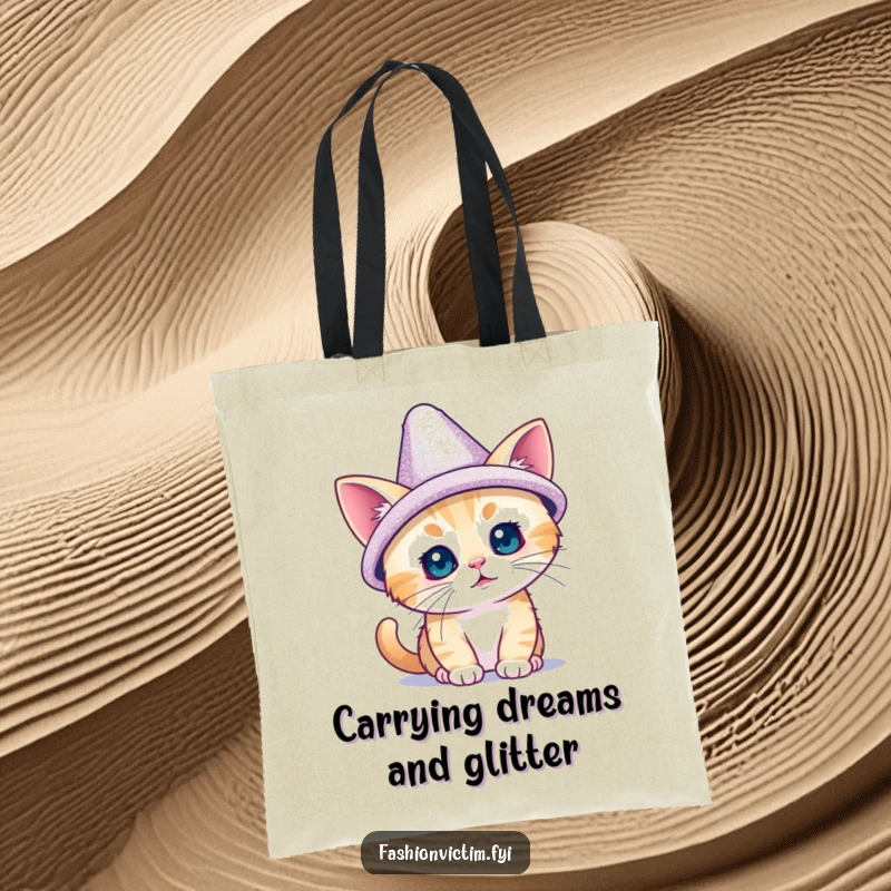 Funny tote bag with a tiny cat adorably trying on a dazzling, oversized, sparkly hat; perfect for carrying cat essentials in style.