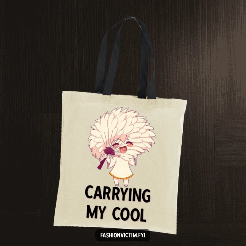 Funny tote bag with an enthusiastic character gesturing with a huge, feathery fan that obscures their face.