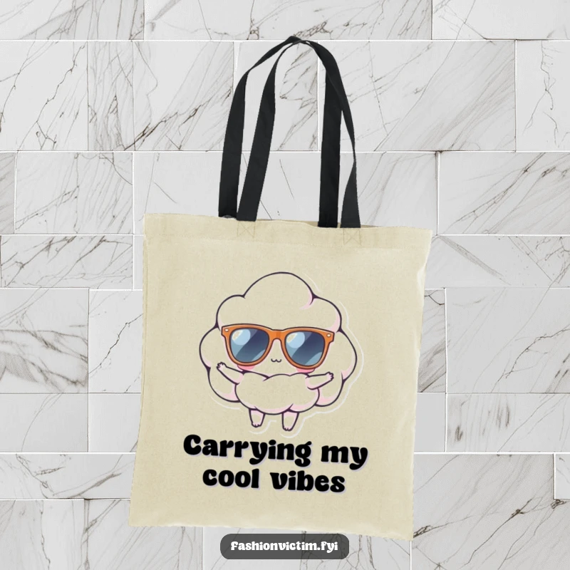Funny tote bag showcasing a tiny cloud wearing oversized sunglasses, striking a confident pose, perfect for carrying daily items with flair.