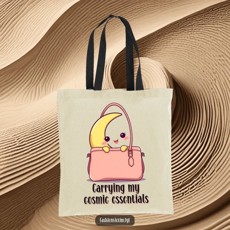 Funny happy crescent moon character peeking from behind a chic handbag on this spacious and humorous tote bag.