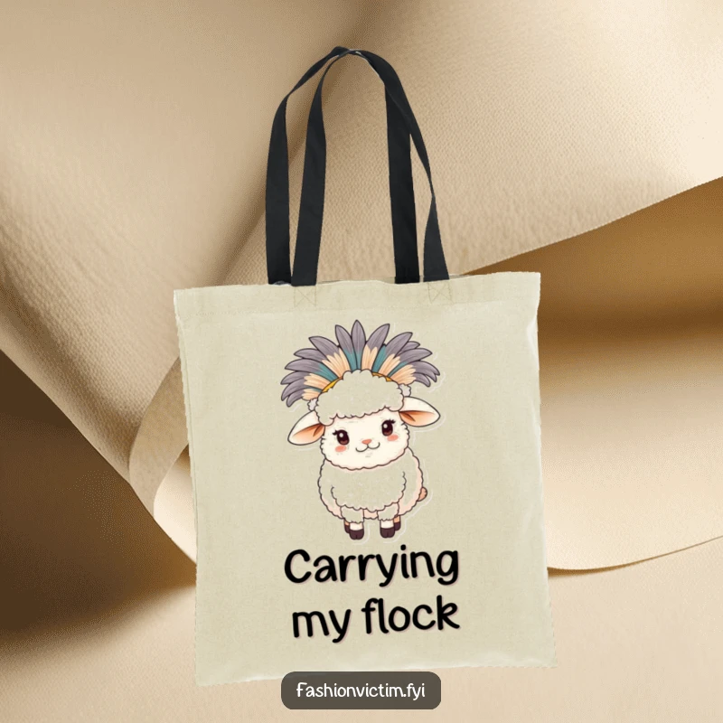 Funny sheep tote bag, a fluffy sheep with an over-the-top feathered hat, carrying essentials with humor.
