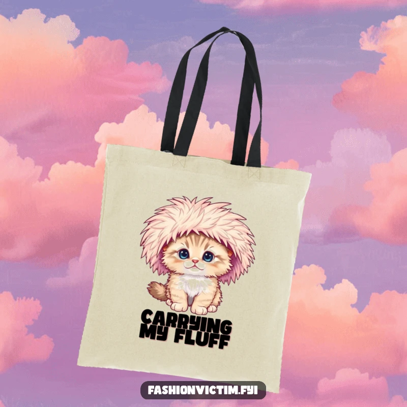 Funny tote bag featuring a fluffy kitten falling over, its huge feathered hat adding to the comical scene.