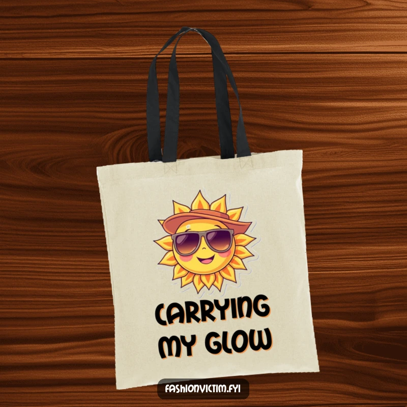 Funny Tote Bag featuring a smiling sun character with oversized sunglasses and a stylish hat, ready for adventure.
