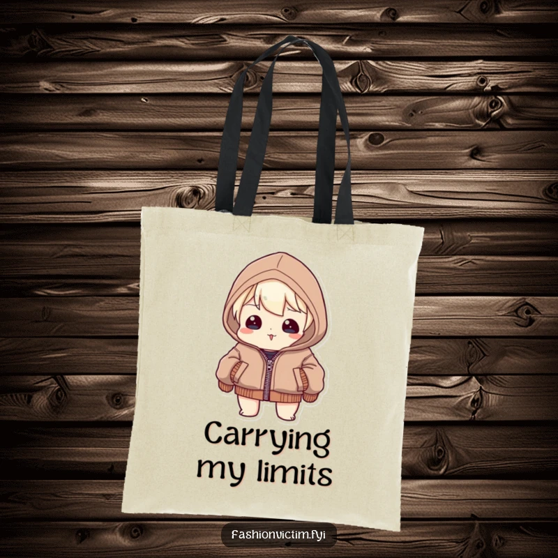 Funny Tote Bag: Character attempting with great effort to zip a jacket that is comically too snug, seams strained.