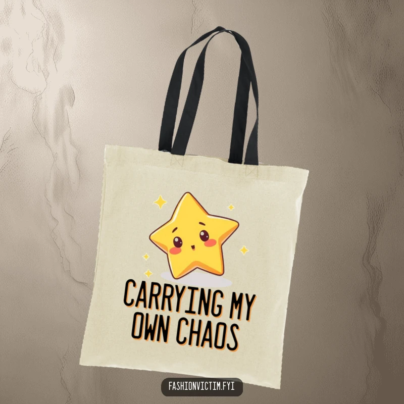 Funny tote bag featuring a cute star character tripping over its own sparkle with a surprised expression, perfect for carrying items with personality.