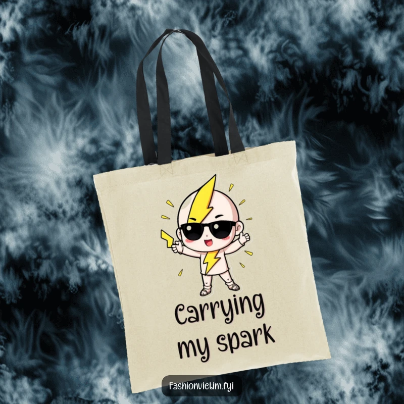 Funny Tote Bag with a cute lightning bolt character striking a dramatic, fashionable pose, ready for errands.