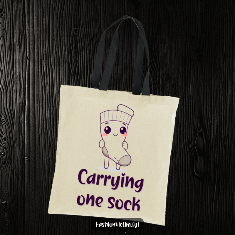 Funny tote bag featuring a character with a triumphant grin, proudly displaying a single, perfectly matched sock, celebrating laundry wins.