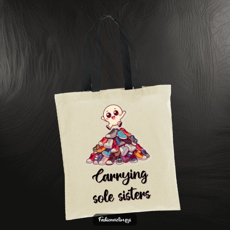 Funny tote bag with a small, round character with big eyes joyfully leaping over a towering pile of mismatched shoes.