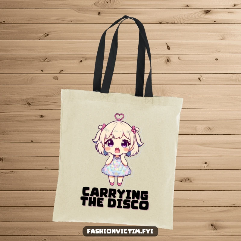 Funny tote bag with a character shocked in a disco ball dress, perfect for carrying items with a fun, retro party vibe.