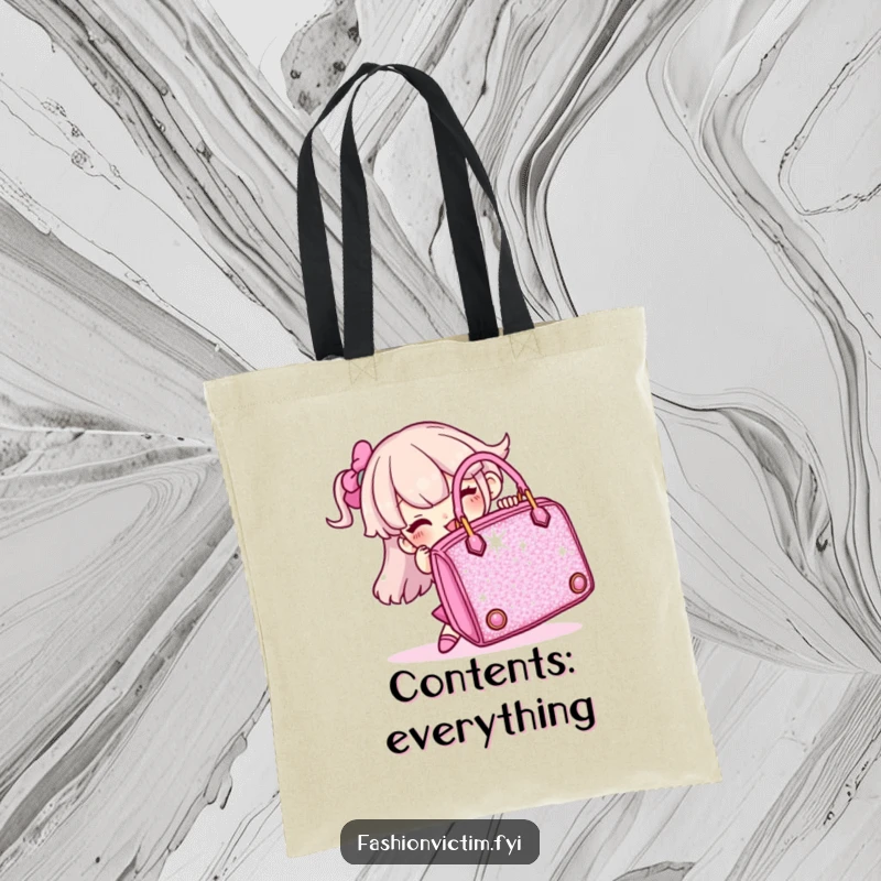 Funny tote bag featuring a character comically contending with a huge, glittering handbag, great for shopping.