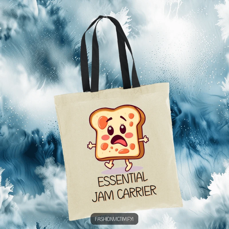 Funny tote bag featuring a surprised toast slice with jam, confidently walking a fashion runway.