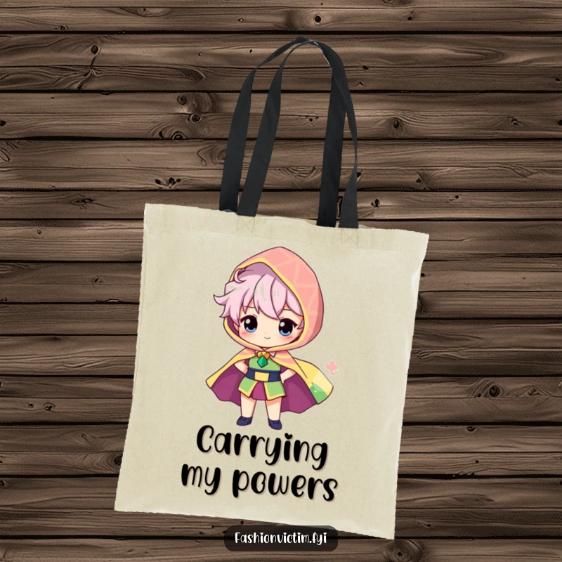 Funny tote bag featuring a proud character showcasing a brightly patterned, oversized cape billowing behind them, perfect for shopping.
