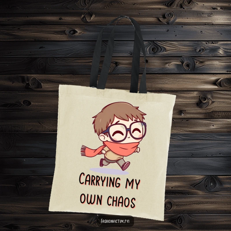 Funny tote bag with a character with exaggeratedly large glasses stumbling forward, tripping on a trailing scarf.