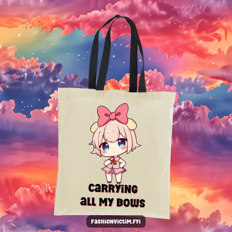 Funny tote bag showing a confident girl character with a giant bow, posing proudly, great for stylish, humorous carrying.