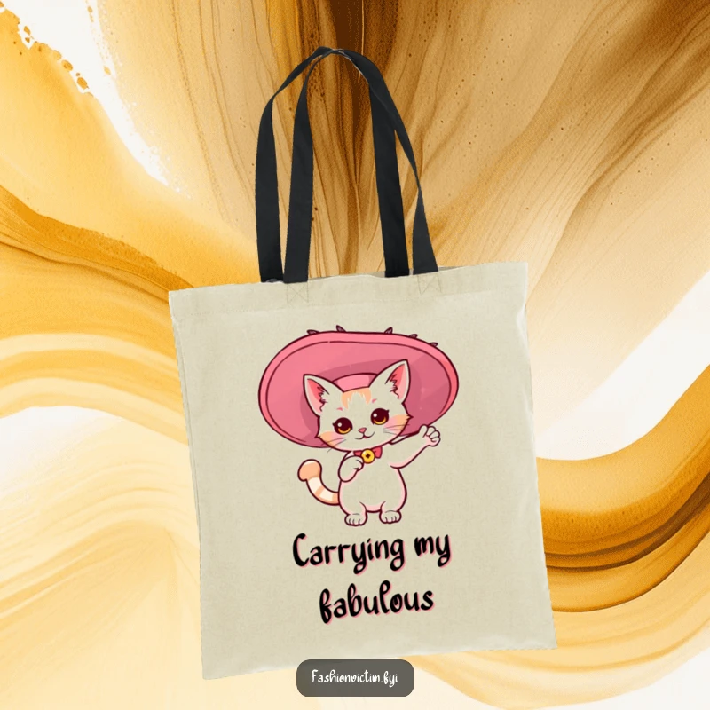 Funny tote bag featuring a kawaii cat in a giant, flamboyant hat. Stylish and humorous accessory.