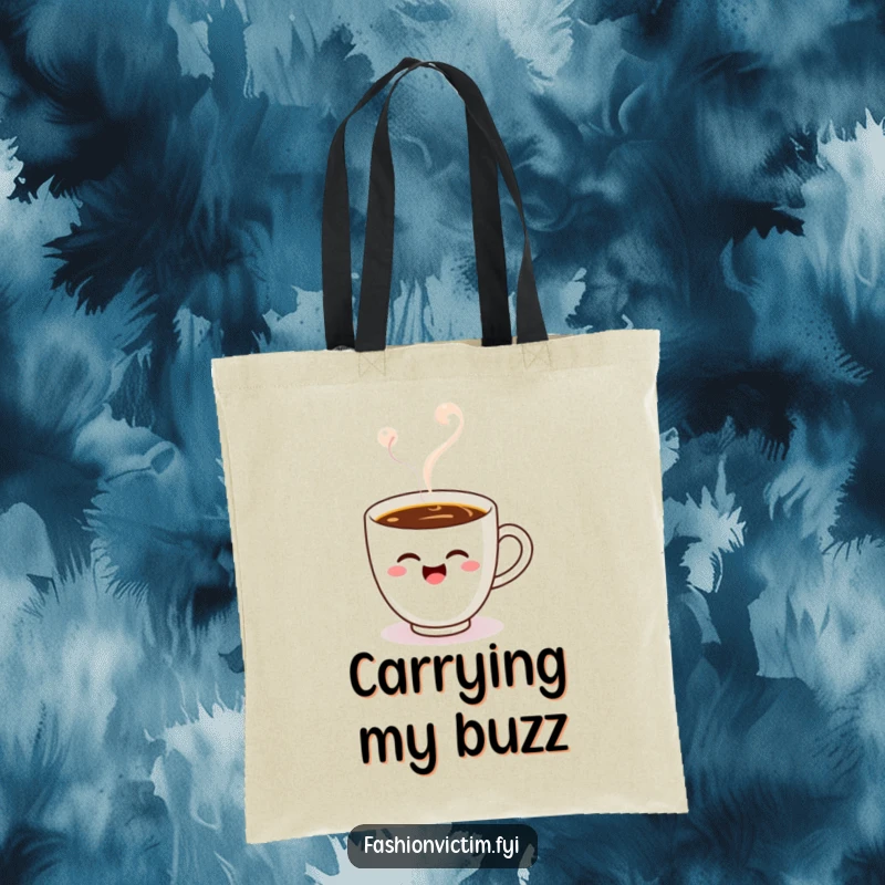 Funny Kawaii coffee cup tote bag, a winking cup in steam, perfect for carrying essentials with playful humor.