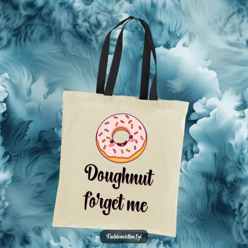 Funny Kawaii donut tote bag, a cheerful donut spinning with sprinkles, perfect for carrying essentials with sweet humor.