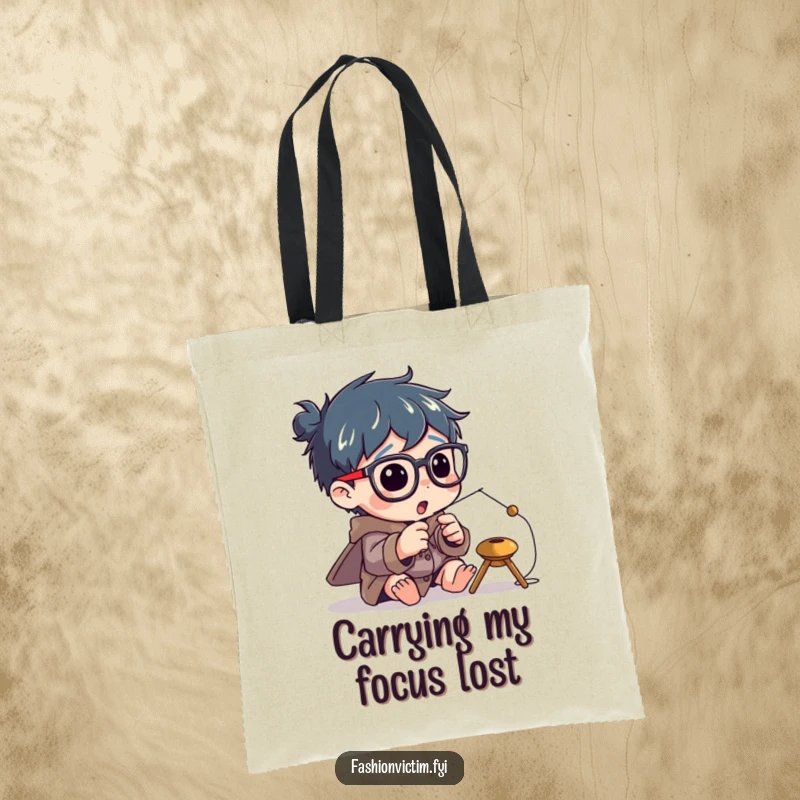 Funny tote bag with a character enthusiastically attempting to thread a tiny needle, wearing oversized spectacles.