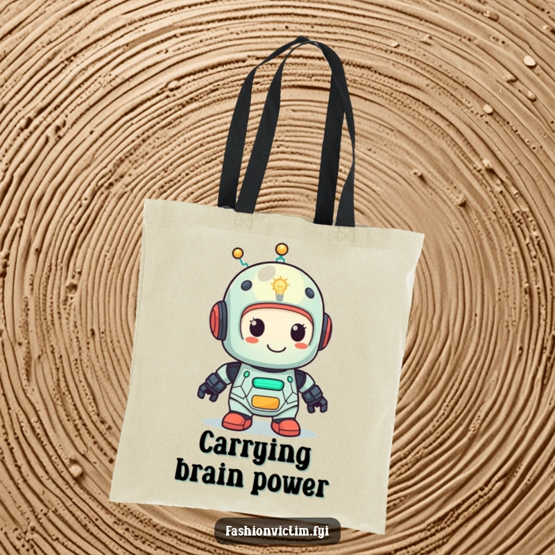 Funny tote bag with a cute robot character featuring a lightbulb head, looking very pleased. Humorous accessory.